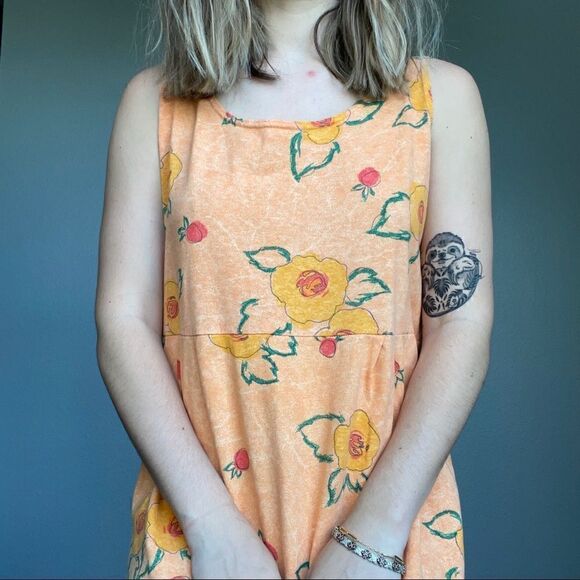 Vintage 90s Styleworks Novelty Fruit Peach Summer Maxi Tank Cotton Dress Sz L - Picture 7 of 14